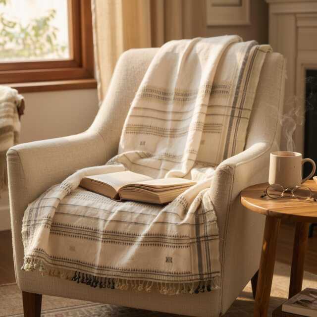 Off White Indian Wool Throw Blanket, Handwoven Sofa Coverlet & Minimalist Bed Runner - Alabaster - image 1