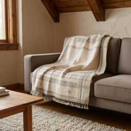 Off White Indian Wool Throw Blanket, Handwoven Sofa Coverlet & Minimalist Bed Runner - Alabaster - thumbnail 2