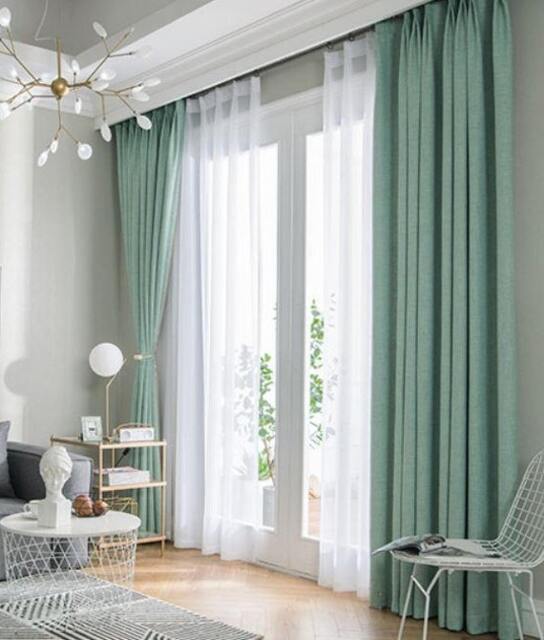 Pair Of Fresh Green Curtains, Heavy Weight Curtain, Linen Blend Fabric, Custom Made Curtains - image 1