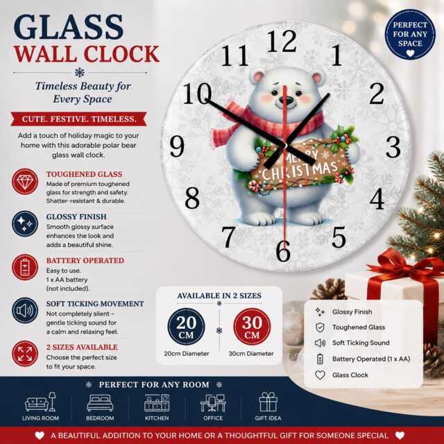 Festive Polar Bear Christmas Wall Clock - Silent Glass 20cm/30cm - image 1