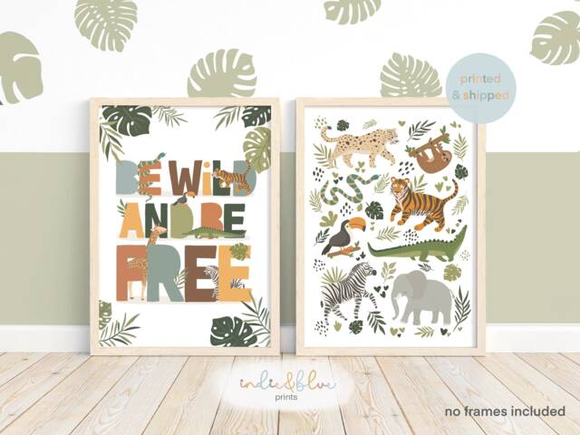 Set Of 2 Jungle Animal Prints, Be Wild Print, Safari Animals Scandi Nursery, Playroom Kids Art - image 1