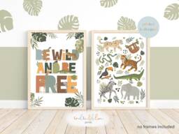 Set Of 2 Jungle Animal Prints, Be Wild Print, Safari Animals Scandi Nursery, Playroom Kids Art - thumbnail 1