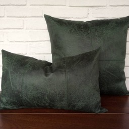 Dark Green Vegan Leather Lumbar Pillow Cover Decorative Stitch - thumbnail 2