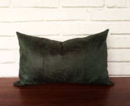 Dark Green Vegan Leather Lumbar Pillow Cover Decorative Stitch
