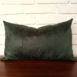 Dark Green Vegan Leather Lumbar Pillow Cover Decorative Stitch - thumbnail 3