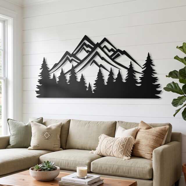 Metal Mountain Forest Wall Art, Large Pine Tree Nature Decor, Rustic Wilderness Sculpture - image 1