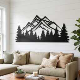 Metal Mountain Forest Wall Art, Large Pine Tree Nature Decor, Rustic Wilderness Sculpture