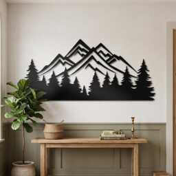 Metal Mountain Forest Wall Art, Large Pine Tree Nature Decor, Rustic Wilderness Sculpture - thumbnail 3