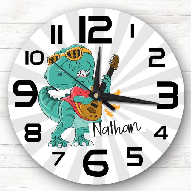 Dinosaur Playing Guitar Kids Room Custom Gift Personalised Clock - image 1