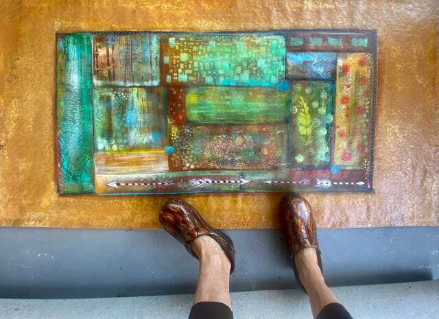 Abstract Canvas Floorcloth Hand-Painted Acrylic Mat, Blue & Yellow - image 1