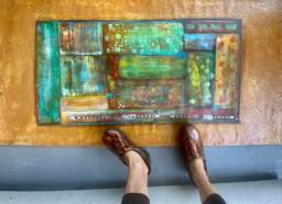 Abstract Canvas Floorcloth Hand-Painted Acrylic Mat, Blue & Yellow - thumbnail 1