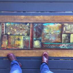 Abstract Canvas Floorcloth Hand-Painted Acrylic Mat, Blue & Yellow - thumbnail 2