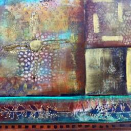 Abstract Canvas Floorcloth Hand-Painted Acrylic Mat, Blue & Yellow - thumbnail 3
