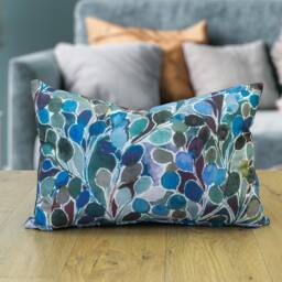 Folio Natural Leaf Print Boudoir Cushion in Navy Blue. Watercolour Indigo & Teal Blue Leaves. 17x12