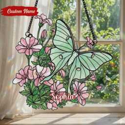 Pink Flower & Luna Moth Acrylic Window Hanging Faux Stained Glass Suncatcher Floral Wall Art Decoration Nature Inspired Decor - thumbnail 1