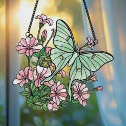 Pink Flower & Luna Moth Acrylic Window Hanging Faux Stained Glass Suncatcher Floral Wall Art Decoration Nature Inspired Decor - thumbnail 4