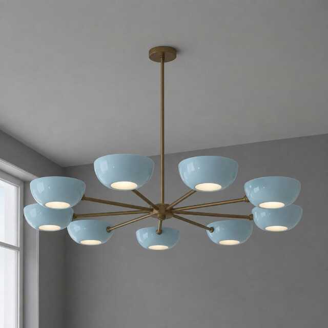 Mid Century Modern Sputnik Chandelier White Enamel & Brass 9-Light Ceiling Lamp - image 1