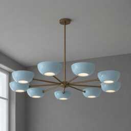 Mid Century Modern Sputnik Chandelier White Enamel & Brass 9-Light Ceiling Lamp - thumbnail 1