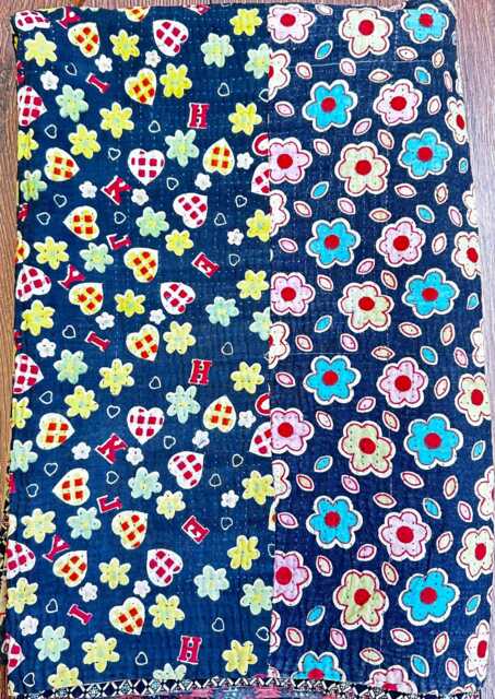 Vintage Handmade Kantha Stitch Sofa Throw - Beach Camper Van Quirky Colours Black Red Floral - image 1