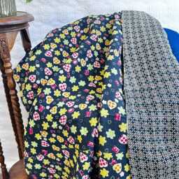 Vintage Handmade Kantha Stitch Sofa Throw - Beach Camper Van Quirky Colours Black Red Floral - thumbnail 3