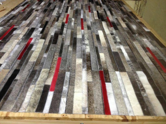 Patchwork Cowhide Rug, Free Shipping - Mix Of Greys, Red Strip & Silver Metallic Accents - image 1