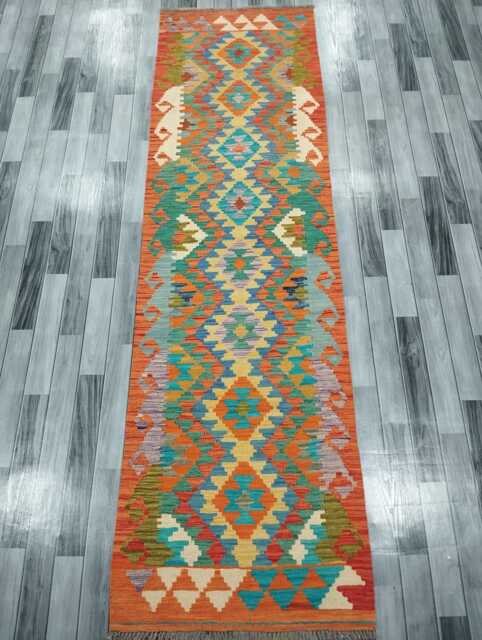 Classic Runner Rug, Handmade Artisan Afghan Turkish, Scandinavian, Navajo, Bohemian, Wool Flatweave Multicolour Kilim Rug 299x85 cm - image 1