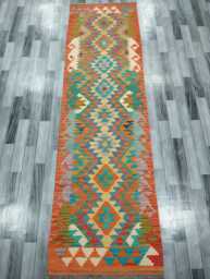 Classic Runner Rug, Handmade Artisan Afghan Turkish, Scandinavian, Navajo, Bohemian, Wool Flatweave Multicolour Kilim Rug 299x85 cm - thumbnail 1
