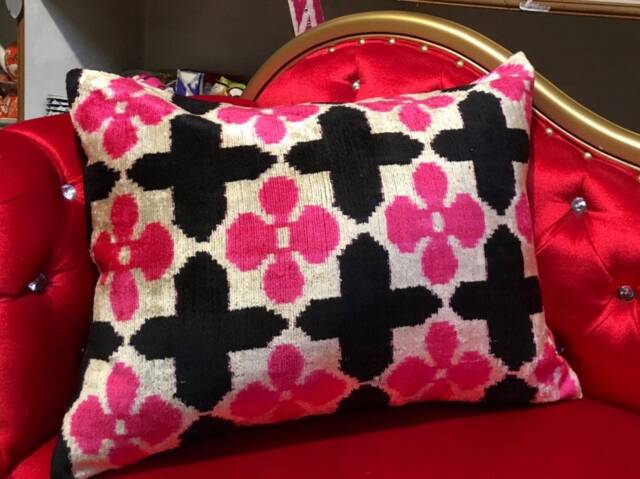 Pink Black Color Ikat Velvet Lumbar Pillow Cover Handwoven Uzbek Silk Cushion - image 1