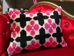 Pink Black Color Ikat Velvet Lumbar Pillow Cover Handwoven Uzbek Silk Cushion