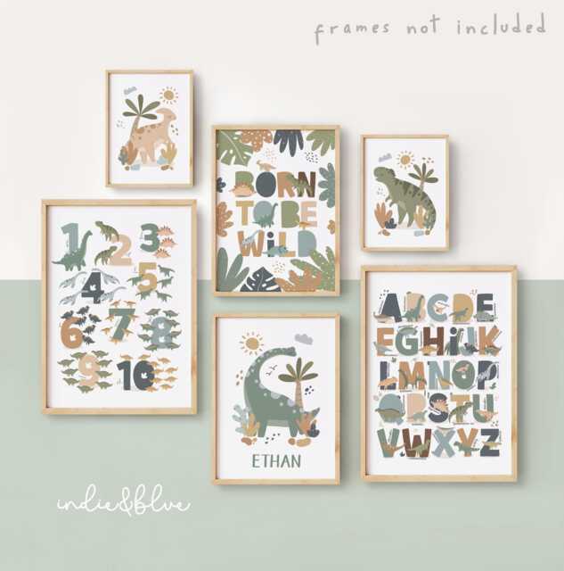 Set Of 6 Personalised Dinosaur Gallery Wall Prints in Neutrals, Boy Bedroom Playroom Decor - image 1