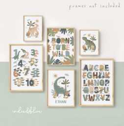 Set Of 6 Personalised Dinosaur Gallery Wall Prints in Neutrals, Boy Bedroom Playroom Decor - thumbnail 1