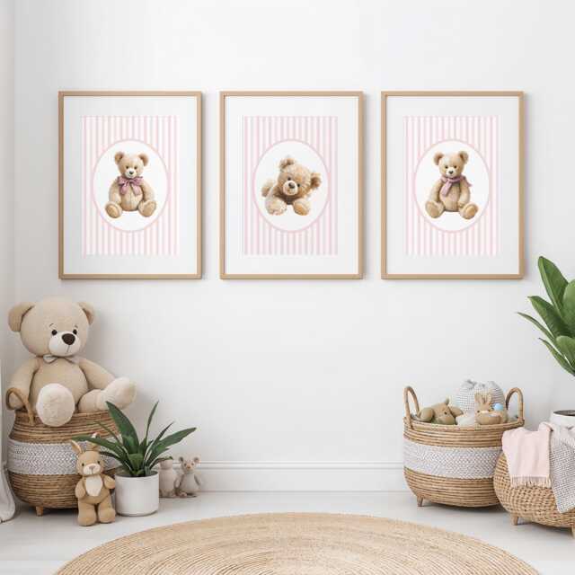 Pink Teddy Bear Girls Nursery Prints, Set Of 3 Bedroom Decor - image 1