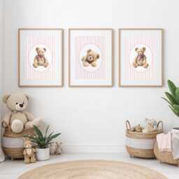 Pink Teddy Bear Girls Nursery Prints, Set Of 3 Bedroom Decor - thumbnail 1