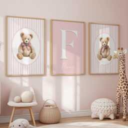 Pink Teddy Bear Girls Nursery Prints, Set Of 3 Bedroom Decor - thumbnail 3