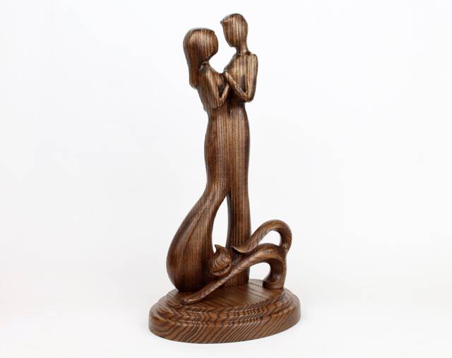 Hand Carved Wood Couple & Cat Figurine, 5Th Anniversary Gift - image 1