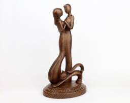 Hand Carved Wood Couple & Cat Figurine, 5Th Anniversary Gift - thumbnail 1
