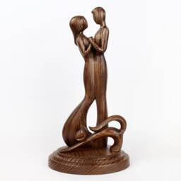 Hand Carved Wood Couple & Cat Figurine, 5Th Anniversary Gift - thumbnail 2
