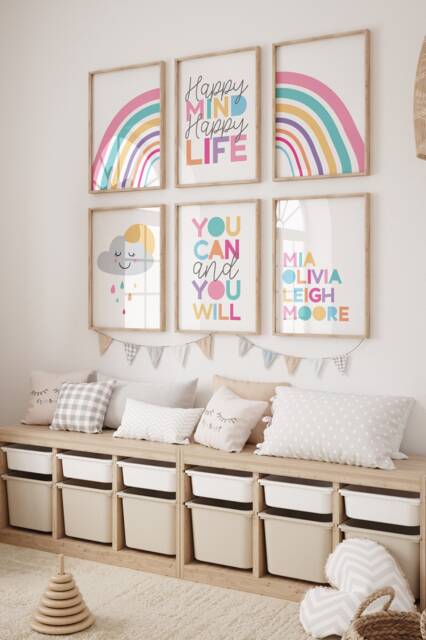 Set Of 6 Girls Affirmation Set, Sister Prints, Bedroom Decor, Motivational Print, Personalised, Rainbow Wall Art, Playroom Decor - image 1