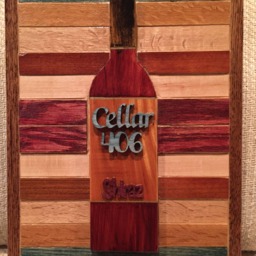 Wood Wall Art Sculpture Featuring A Hand Cut Wine Bottle Set in Oak & Hardwood Pieces Stained Variety Of Colors - thumbnail 3