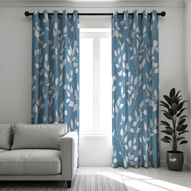 Blue Botanical Leaf Pattern Curtains, White Leaves Print Drapes, Modern Nature Inspired Window Panels - image 1