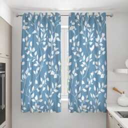 Blue Botanical Leaf Pattern Curtains, White Leaves Print Drapes, Modern Nature Inspired Window Panels - thumbnail 2