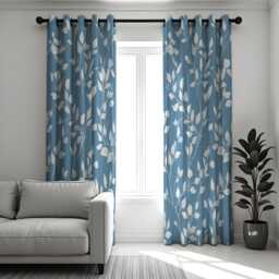 Blue Botanical Leaf Pattern Curtains, White Leaves Print Drapes, Modern Nature Inspired Window Panels - thumbnail 1