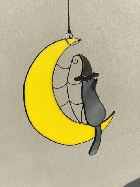Mystical Cat On The Moon Halloween Stain Glass Suncatcher Home Decor Window Wall Gift House, Memory Gift - image 1
