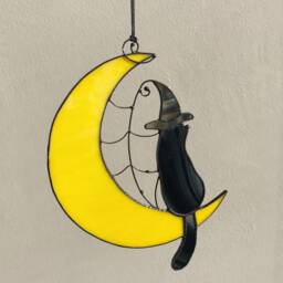 Mystical Cat On The Moon Halloween Stain Glass Suncatcher Home Decor Window Wall Gift House, Memory Gift - thumbnail 2