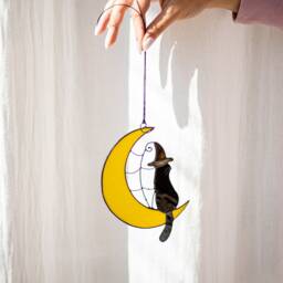 Mystical Cat On The Moon Halloween Stain Glass Suncatcher Home Decor Window Wall Gift House, Memory Gift - thumbnail 4