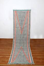 Blue Block Print Cotton Runner Rug Hand Woven Stair Kilim - thumbnail 1