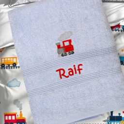 steam Train Towel Personalised Kids Cotton Bath Towels Birthday Gift Cute Embroidered Childrens Thomas Tank Engine Locomotive Railway - thumbnail 1