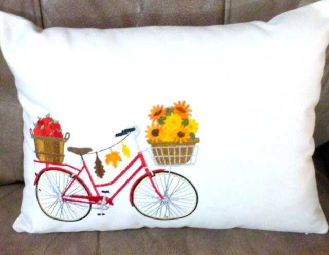 Embroidered Fall Bicycle Pillow Cover Sunflowers & Apples - image 1