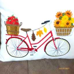 Embroidered Fall Bicycle Pillow Cover Sunflowers & Apples - thumbnail 4