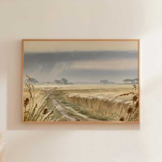 Farmhouse Field Poster, Neutral Landscape Print, Country Wall Art, Paper - image 1